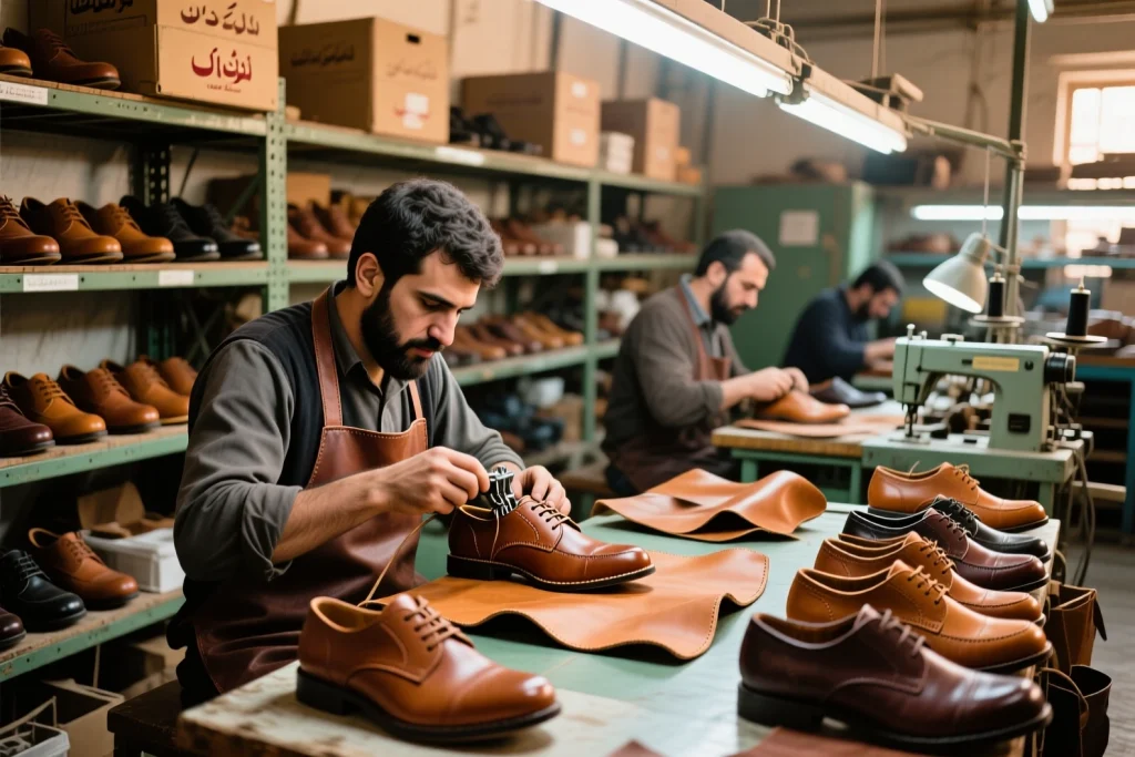 کارگاه تولید کفش چرمی تبریز با استادکاران در حال دوخت، قفسه‌های پر از کفش آماده فروش عمده، نور گرم و فضای صنعتی